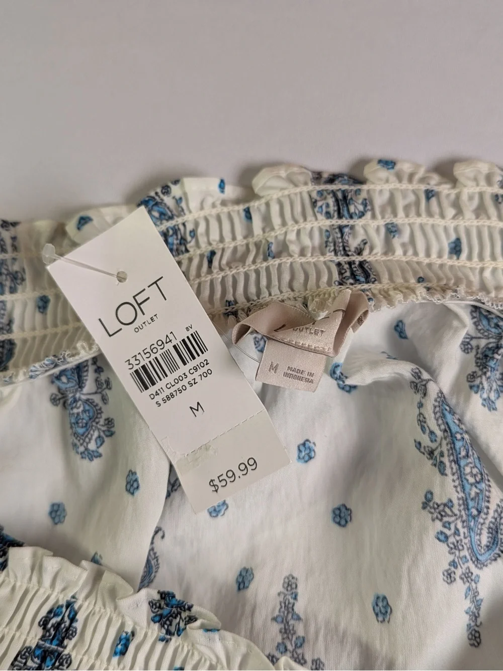 LOFT White Off-Shoulder Top with Blue Paisley Print